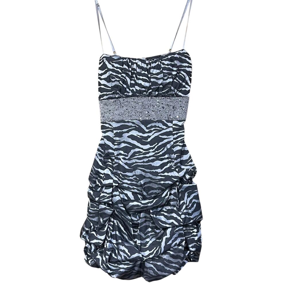 Ruby Rox Zebra Print Dress Silver Beaded Y2K Mini Size 3 Party